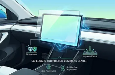 a tempered glass protector applied to an EV dashboard screen